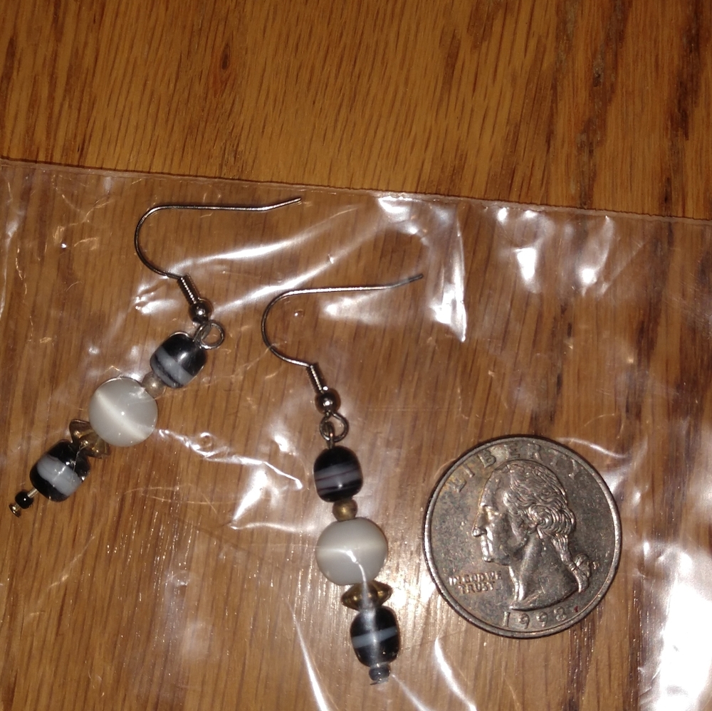 Handcrafted beaded hook earrings, black striped & white acrylic with gold, set 1